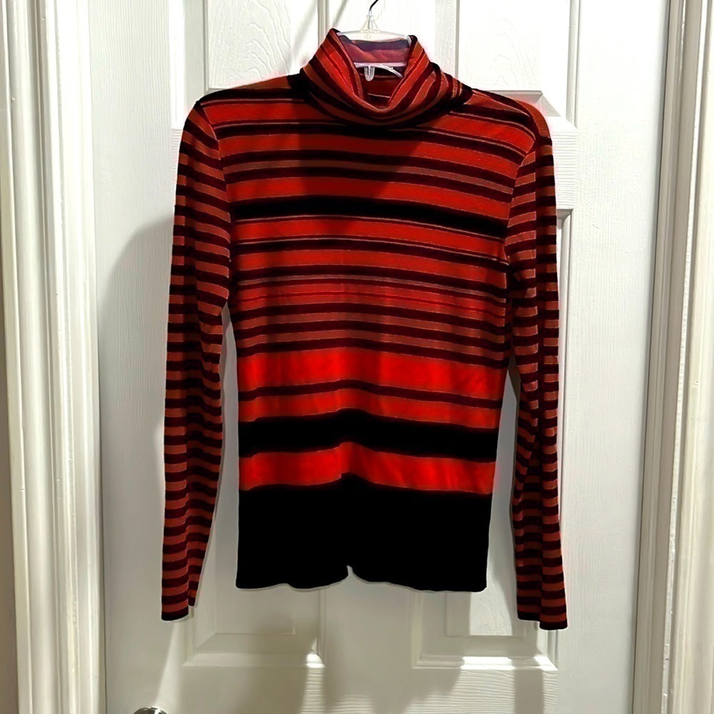 Catherine Malandrino Sweater Turtle Neck Red Black Striped Women's M